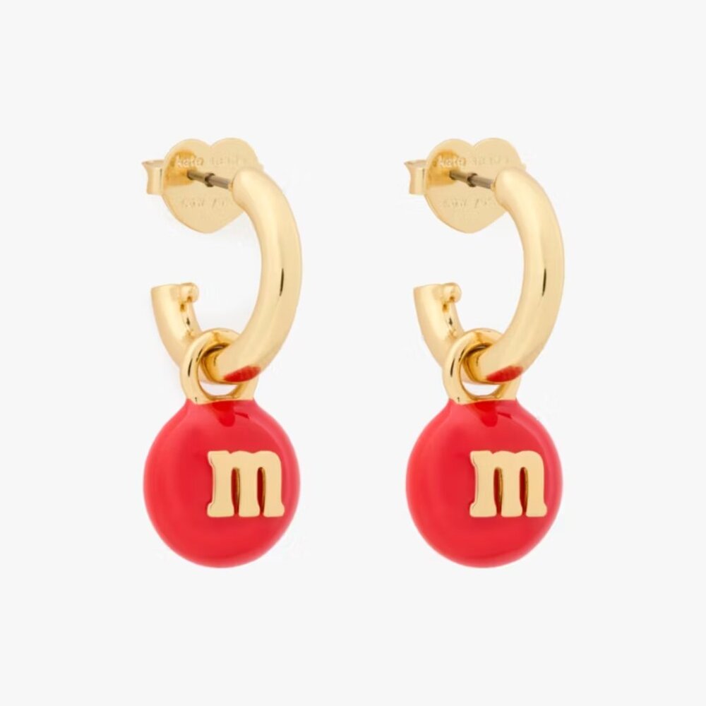 NWT Kate Spade M&M X Gold-Tone MandM Charm Huggie Hoop Earrings NEW MM Candy Red